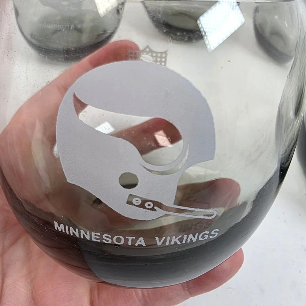 Vintage 1970s Minnesota Vikings Smoked Glass Roly Poly Lowball Tumblers Set of 6